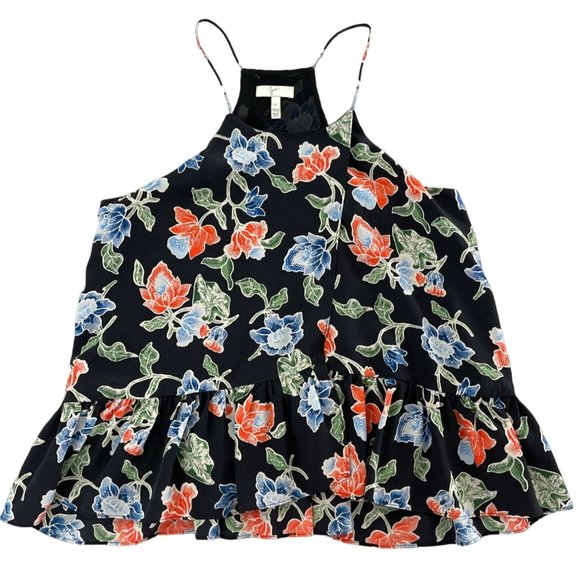 Joie Derwin 100% Silk Racerback Ruffle Tank Camisole Lined Black Floral Print XS - Picture 2 of 9